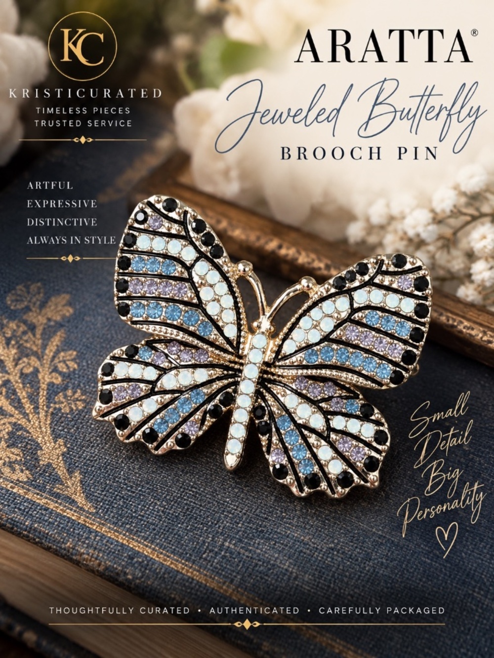 Aratta Jeweled Butterfly Brooch Pin Rhinestone Crystal Gold Tone New